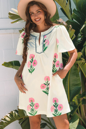 Apricot Floral Short Sleeve Split Neck Loose Mini Dress LC6125284-P1820