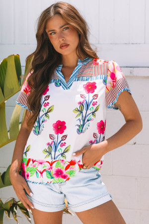 Pink Floral Striped Patchwork Short Sleeve Split Neck Blouse LC25132163-P1020