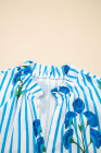 Sky Blue Stripe Floral Buttoned Frilly Notched Neck Puff Sleeve Summer Blouse