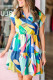 Blue Abstract Print V Neck Cap Sleeve Pocketed Mini Dress