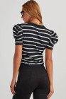 White Stripe Ribbed Trim Round Neck Bubble Sleeve Knitted Top