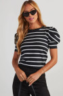 White Stripe Ribbed Trim Round Neck Bubble Sleeve Knitted Top