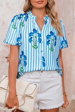 Sky Blue Stripe Floral Buttoned Frilly Notched Neck Puff Sleeve Summer Blouse LC25131918-P419