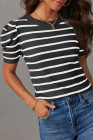 White Stripe Ribbed Trim Round Neck Bubble Sleeve Knitted Top