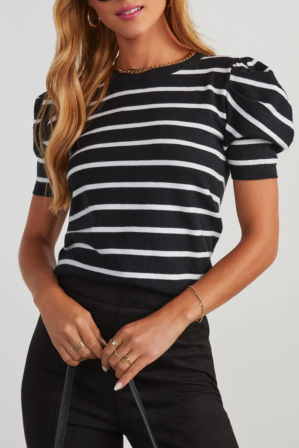 White Stripe Ribbed Trim Round Neck Bubble Sleeve Knitted Top