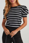 White Stripe Ribbed Trim Round Neck Bubble Sleeve Knitted Top