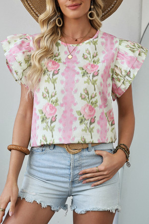 Pink Floral Print Ruffled Sleeve Summer Top LC25130963-P1020