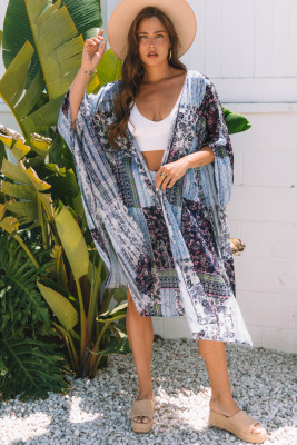 Blue Retro Floral Print Long Loose Open Front Kimono LC2542677-P520