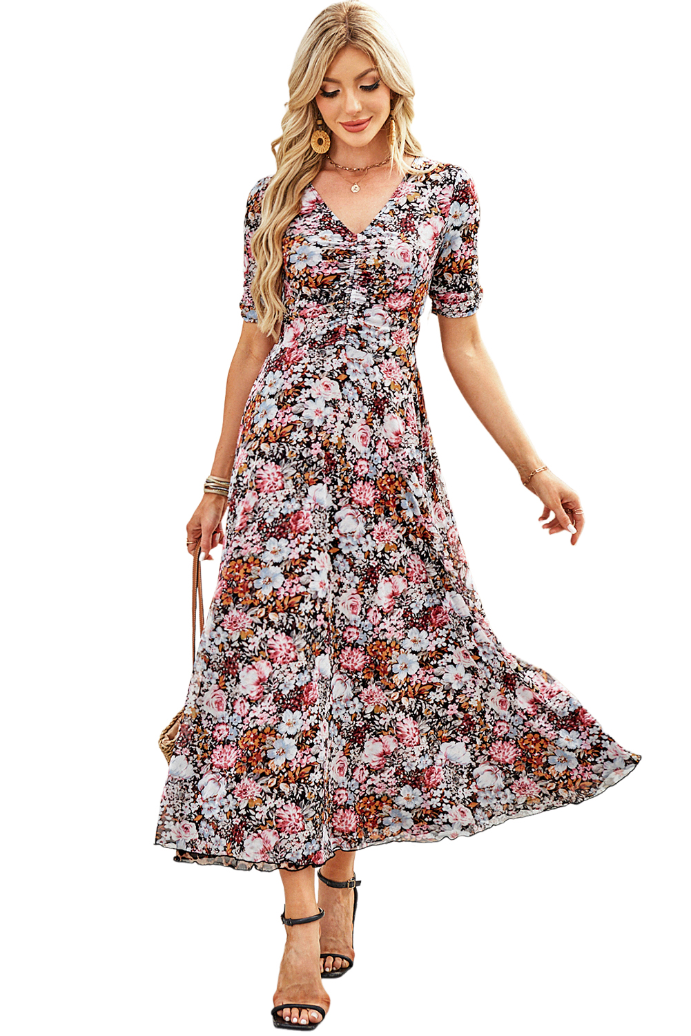 Brown Mesh Leopard Floral Reversible V Neck Short Sleeve Dress