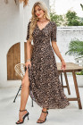 Brown Mesh Leopard Floral Reversible V Neck Short Sleeve Dress