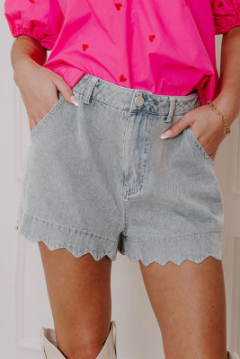 Dusk Blue Scalloped Hemline Acid Wash High Waist Denim Shorts LC7831897-P704