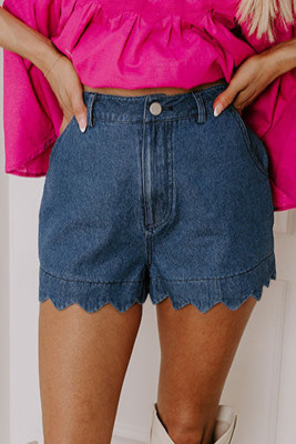 Sail Blue Scalloped Hemline Acid Wash High Waist Denim Shorts LC7831897-P905