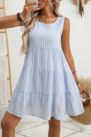 Light Blue Plaid Tiered A-line Sleeveless Mini Sundress LC6125936-P422