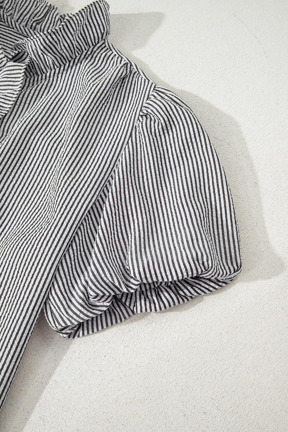 Black Striped Ruffle Short Bubble Sleeve Shirt