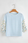 Sky Blue Stripe Floral Three Quarter Sleeves Patchwork Drop Shoulder Top
