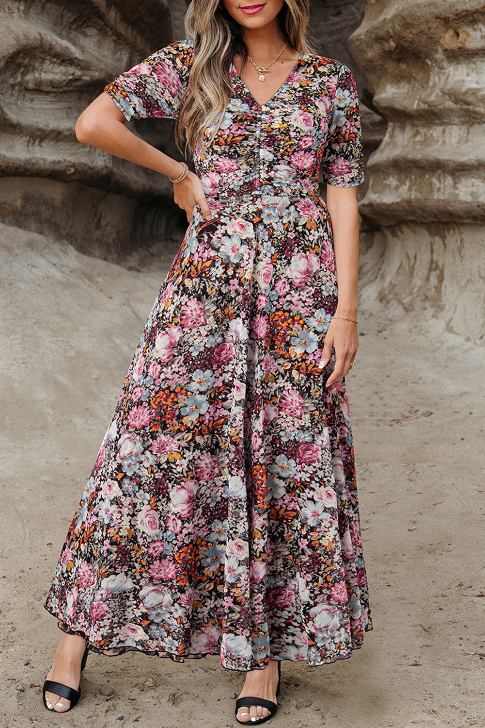 Brown Mesh Leopard Floral Reversible V Neck Short Sleeve Dress