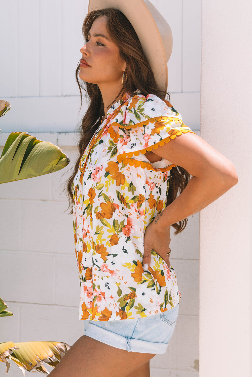 Russet Orange Ruffled V Neck Scalloped Short Sleeve Floral Blouse