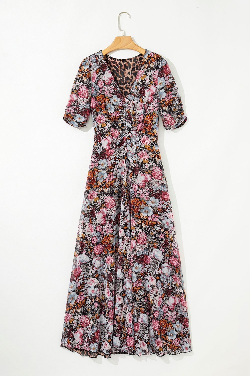 Brown Mesh Leopard Floral Reversible V Neck Short Sleeve Dress