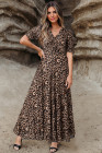 Brown Mesh Leopard Floral Reversible V Neck Short Sleeve Dress