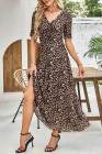Brown Mesh Leopard Floral Reversible V Neck Short Sleeve Dress
