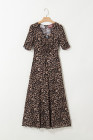 Brown Mesh Leopard Floral Reversible V Neck Short Sleeve Dress