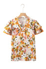 Russet Orange Ruffled V Neck Scalloped Short Sleeve Floral Blouse