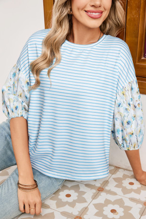 Sky Blue Stripe Floral Three Quarter Sleeves Patchwork Drop Shoulder Top LC25131749-P419