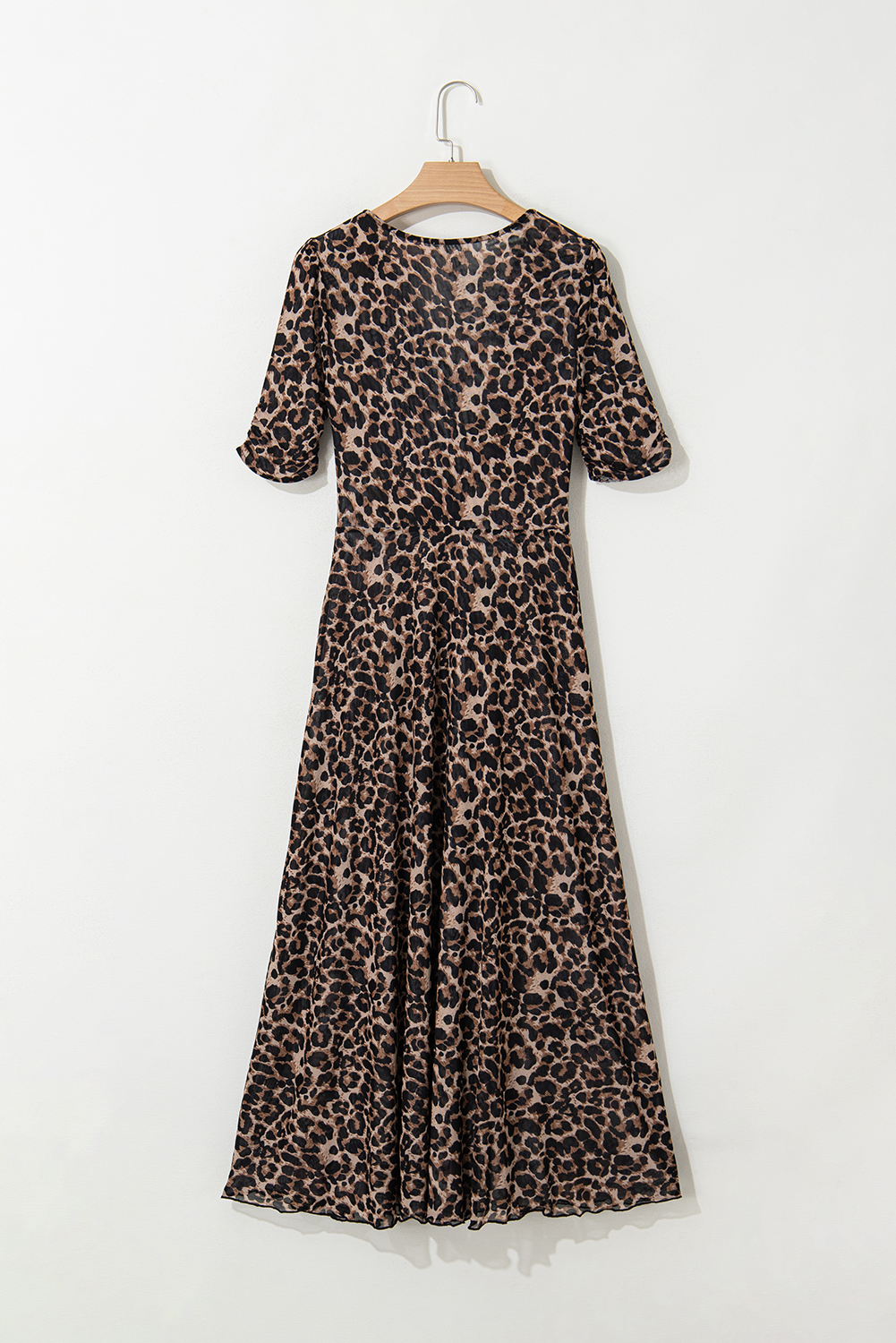 Brown Mesh Leopard Floral Reversible V Neck Short Sleeve Dress