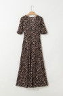 Brown Mesh Leopard Floral Reversible V Neck Short Sleeve Dress