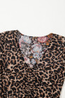 Brown Mesh Leopard Floral Reversible V Neck Short Sleeve Dress