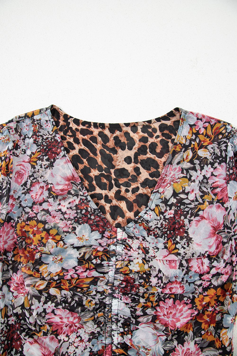 Brown Mesh Leopard Floral Reversible V Neck Short Sleeve Dress