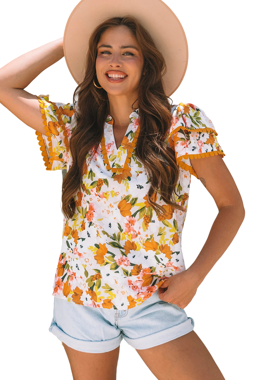 Russet Orange Ruffled V Neck Scalloped Short Sleeve Floral Blouse