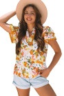 Russet Orange Ruffled V Neck Scalloped Short Sleeve Floral Blouse