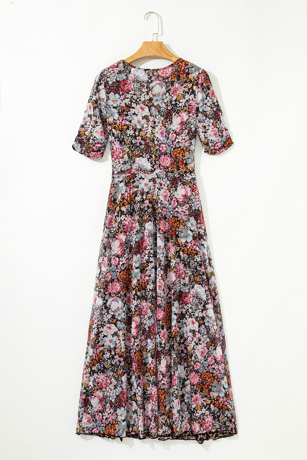 Brown Mesh Leopard Floral Reversible V Neck Short Sleeve Dress