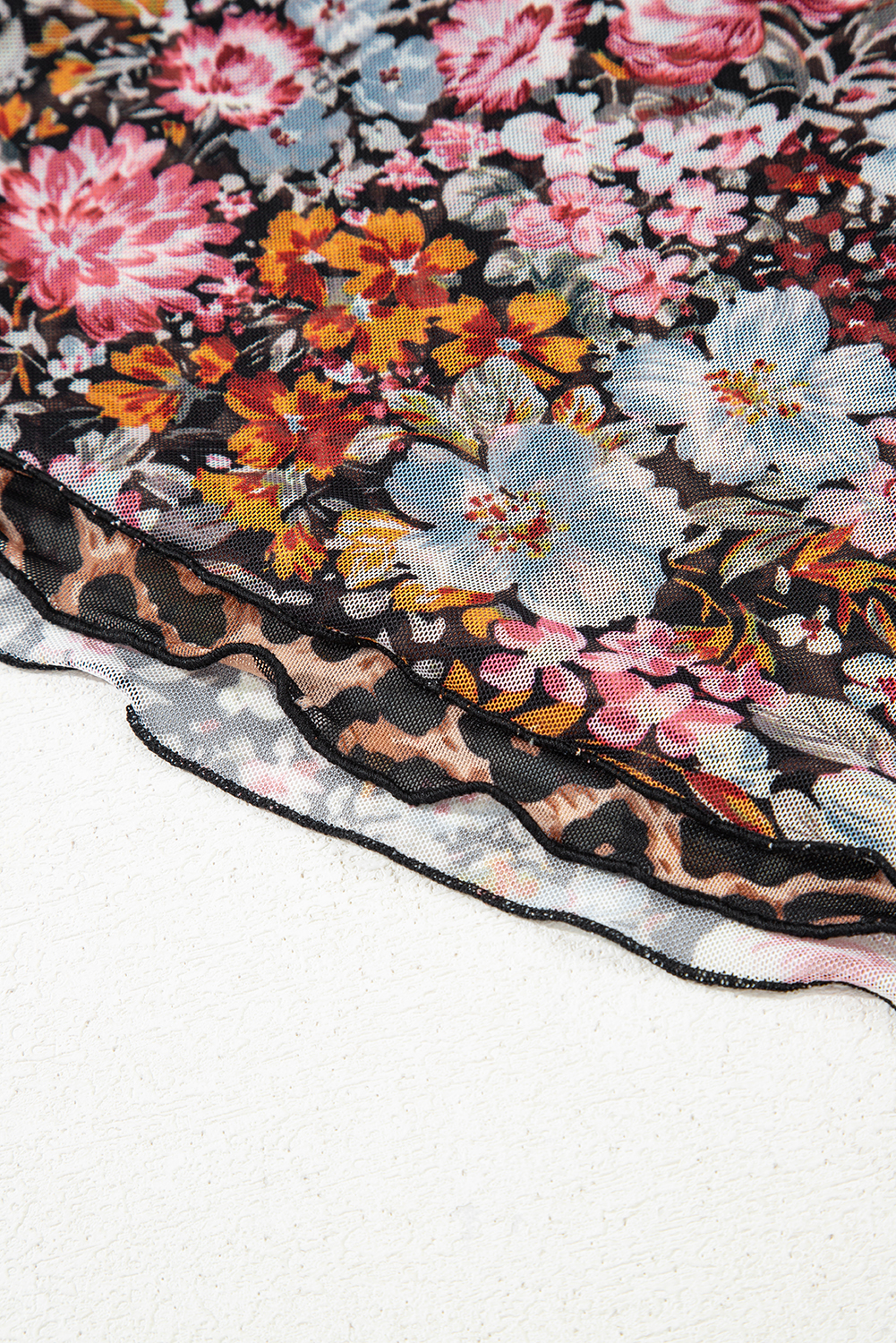 Brown Mesh Leopard Floral Reversible V Neck Short Sleeve Dress