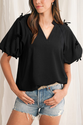 Black Bow Decor Puff Sleeve Split Neck Blouse LC25131368-P2