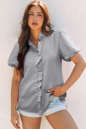 Black Striped Ruffle Short Bubble Sleeve Shirt LC2556268-P2
