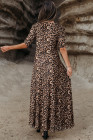 Brown Mesh Leopard Floral Reversible V Neck Short Sleeve Dress
