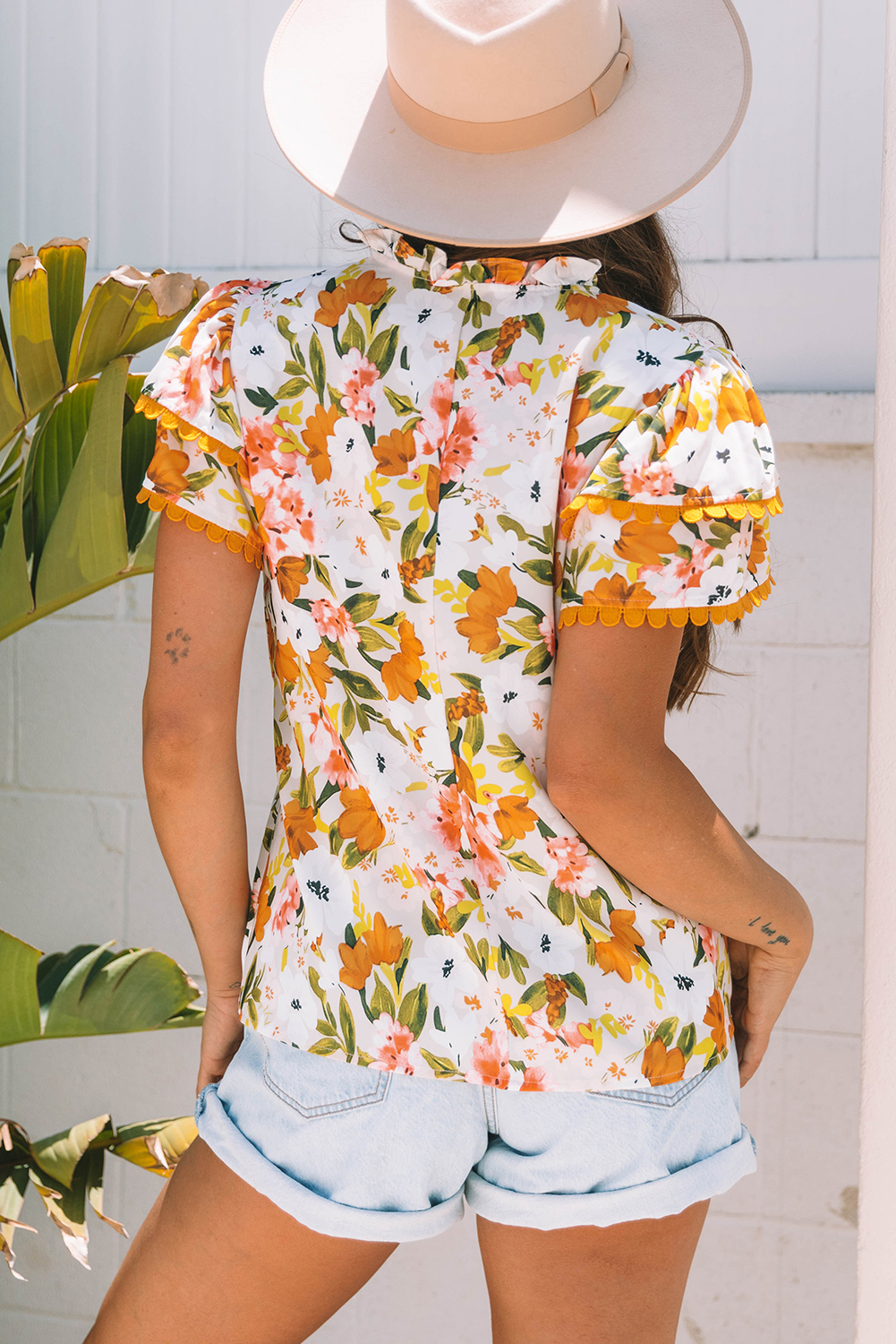 Russet Orange Ruffled V Neck Scalloped Short Sleeve Floral Blouse
