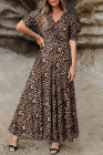 Brown Mesh Leopard Floral Reversible V Neck Short Sleeve Dress