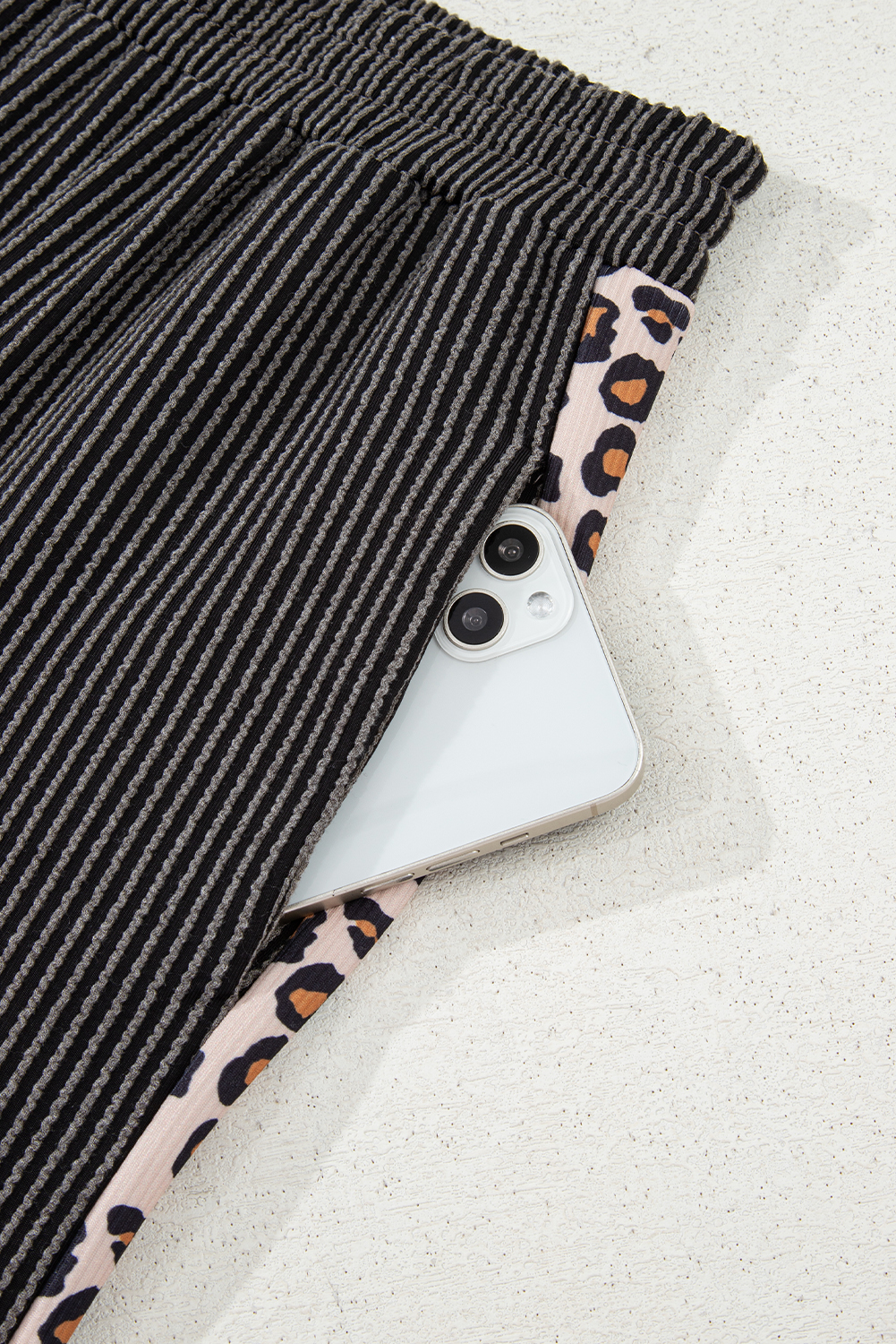 Carbon Grey Leopard Patchwork Edge Twisted Rib T Shirt and Cropped Pants Set