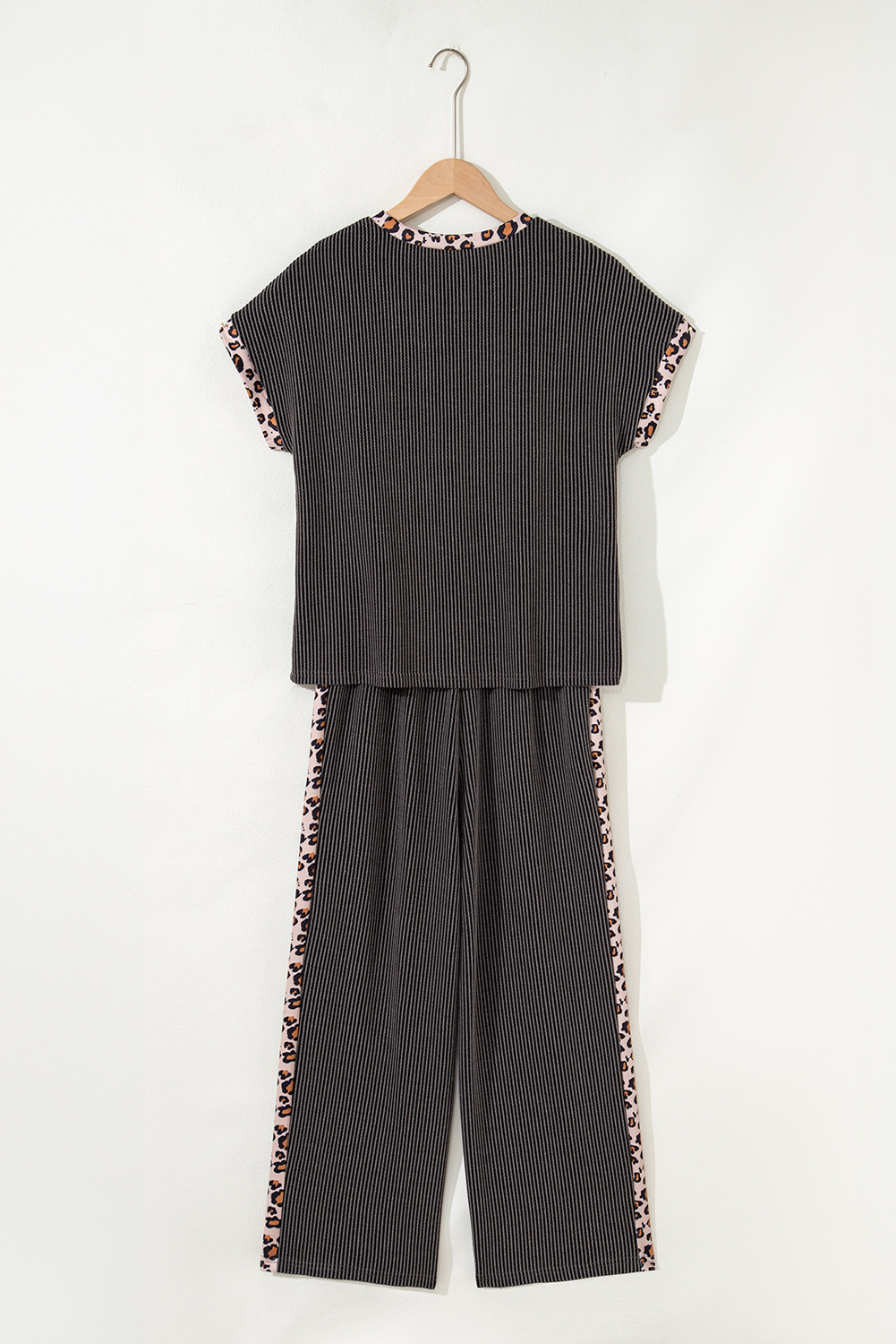 Carbon Grey Leopard Patchwork Edge Twisted Rib T Shirt and Cropped Pants Set