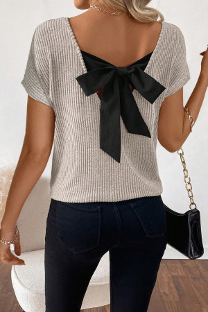 Gray Morn Ribbed Short Sleeve V Neck Colorblock Bow Back Top LC25229037-P3015