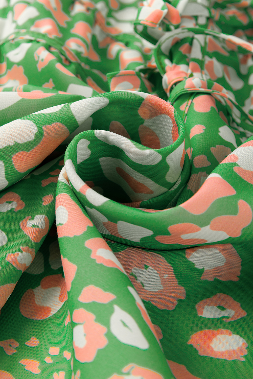 Green Abstract Leopard Tied Front Flutter Sleeve Blouse