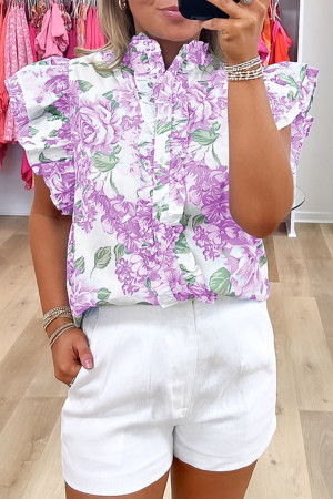 Purple Floral Print Ruffle Sleeve Frilly Button Up Shirt LC2556080-P820