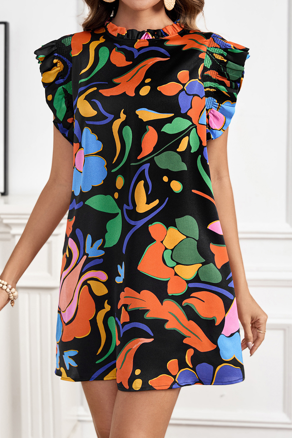 Black Abstract Floral Print Flutter Sleeve Shift Mini Dress