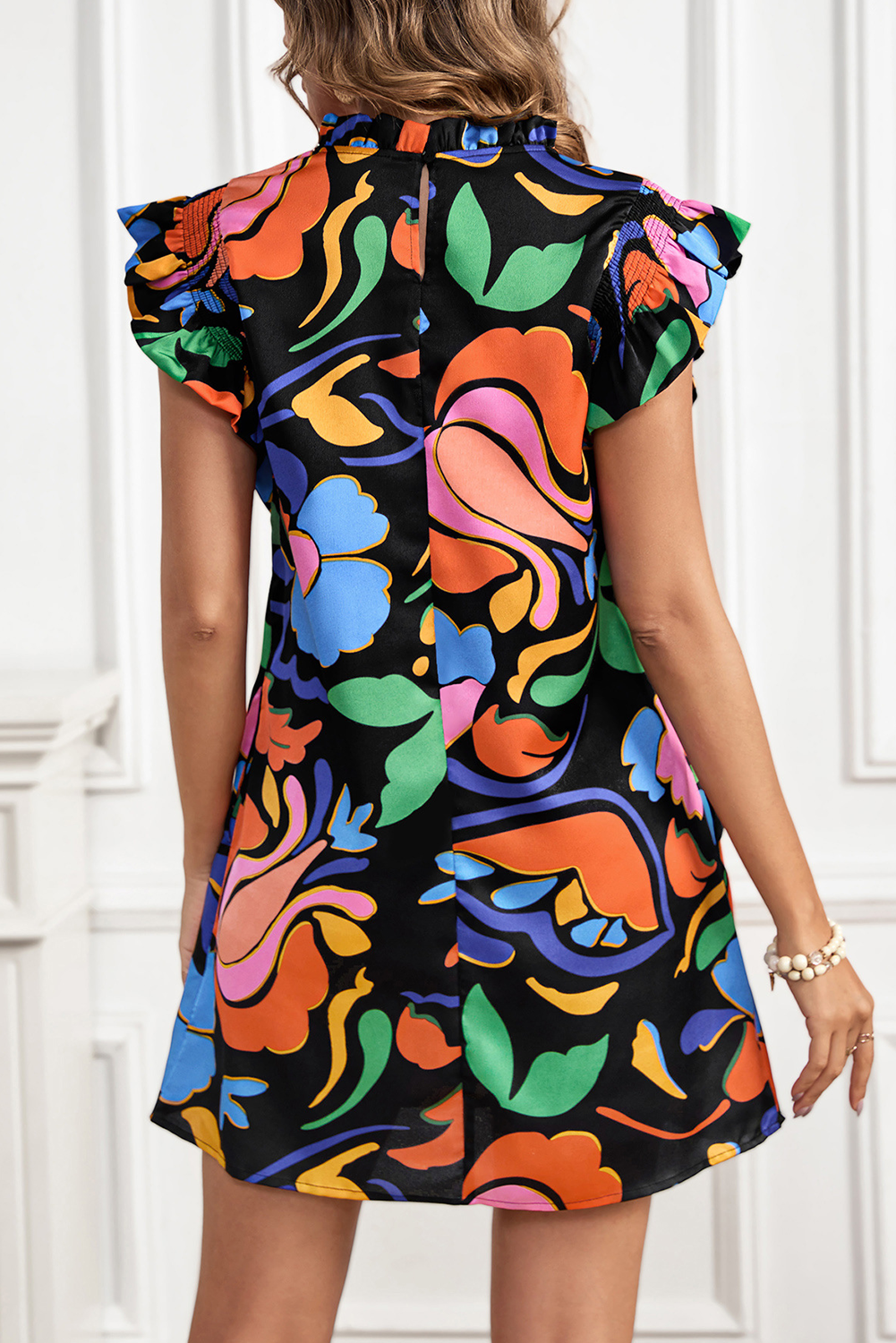 Black Abstract Floral Print Flutter Sleeve Shift Mini Dress