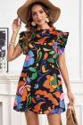 Black Abstract Floral Print Flutter Sleeve Shift Mini Dress