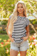 Black Stripe Ribbed Cap Sleeve Round Neck T Shirt