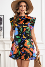 Black Abstract Floral Print Flutter Sleeve Shift Mini Dress
